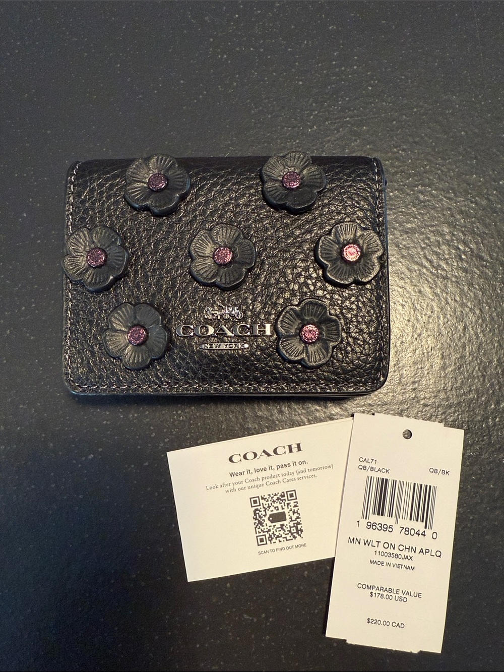 Coach Black Pebbled Leather Floral Appliqué Compact Wallet with Pink Accents - Picture 8 of 12